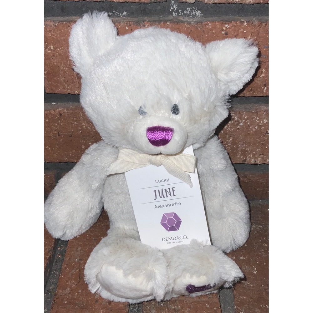 Demdaco Lucky June Alexandrite Birthstone White Plush Teddy Bear Purple Heart